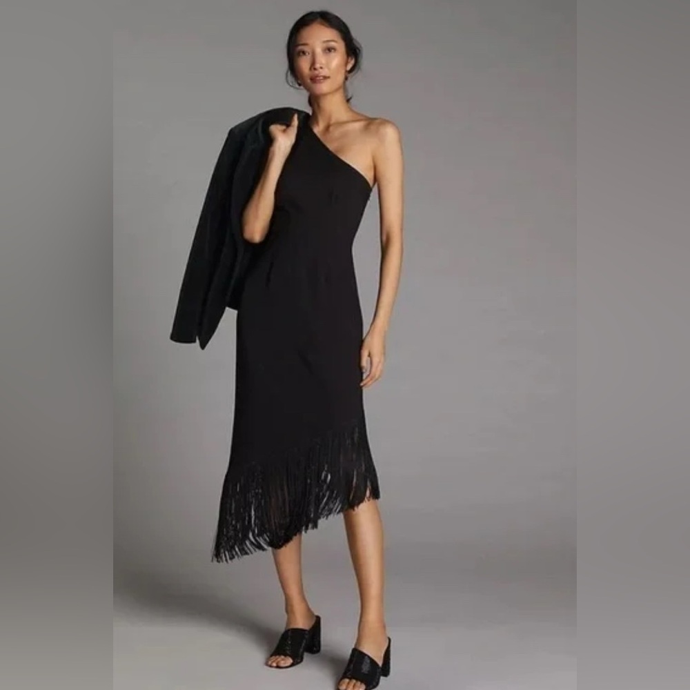 Anthropologie Hutch Fringed One-Shoulder Midi Dress M Cocktail $190 Black